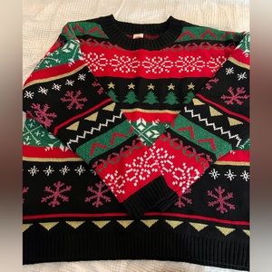 Holiday Time Sz XL Fair Isle Pullover Sweater Red Green Black Christmas Glitter